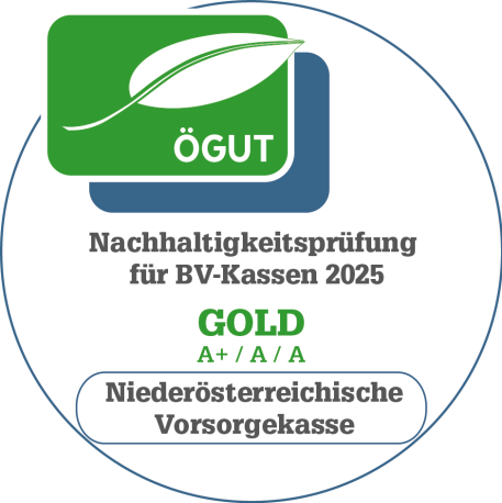 Siegel: &Ouml;GUT Nachhaltigkeitspr&uuml;fung f&uuml;r BV-Kassen 2025 Gold A+/A/A Nieder&ouml;sterreichsiche Vorsorgekasse
