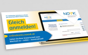 Laptop zeigt die Loginmaske zum Onlinekonto der NÖVK. Daneben die große Schrift Gelich Anmelden.