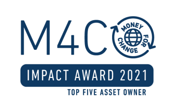 Das Logo des M4C Money for Change Awards. NÖVK wurde mit dem Impact Award 2021 als einer der Top Five Asset Owner ausgezeichnet.