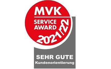 Siegel des MVK Serviceaward 2021/22 mit der Note Sehr Gut für Kundenorientierung